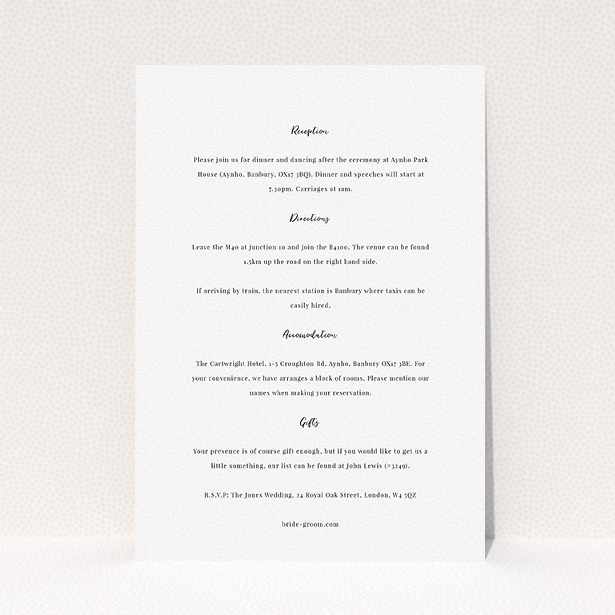 A wedding information sheet design named "Simply Love". It is an A5 card in a portrait orientation. "Simply Love" is available as a flat card, with mainly white colouring.