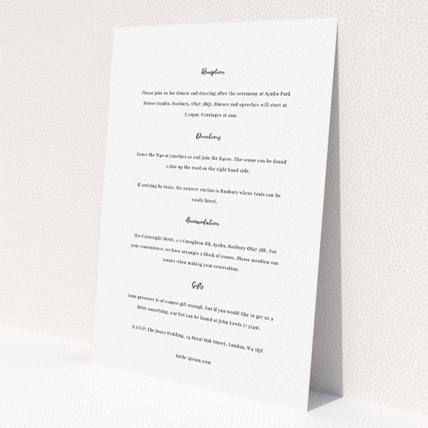 A wedding information sheet design named 'Simply Love'. It is an A5 card in a portrait orientation. 'Simply Love' is available as a flat card, with mainly white colouring.