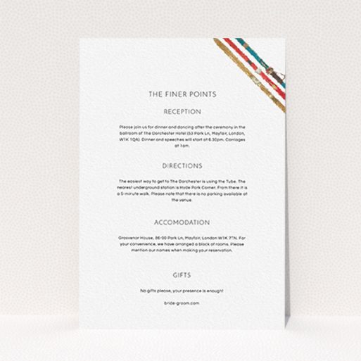 A wedding information sheet design named "Ski pass". It is an A6 card in a portrait orientation. "Ski pass" is available as a flat card, with tones of white and blue.