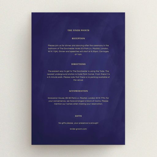 Wedding Information Sheet Design - "Sky at night" A wedding information sheet named "Sky at night". It is an A5 card in a portrait orientation. "Sky at night" is available as a flat card, with tones of midnight blue and yellow.