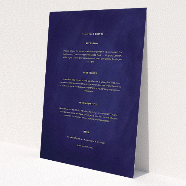 A wedding information sheet named 'Sky at night'. It is an A5 card in a portrait orientation. 'Sky at night' is available as a flat card, with tones of midnight blue and yellow.