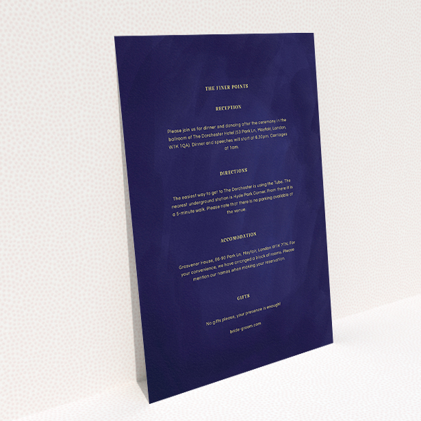 A wedding information sheet named "Sky at night". It is an A5 card in a portrait orientation. "Sky at night" is available as a flat card, with tones of midnight blue and yellow.