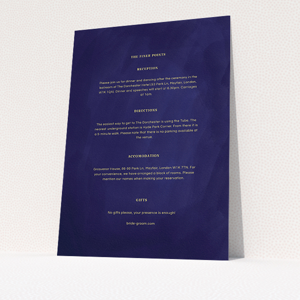 A wedding information sheet named "Sky at night". It is an A5 card in a portrait orientation. "Sky at night" is available as a flat card, with tones of midnight blue and yellow.