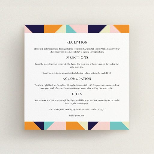 Wedding Information Sheet Design - "Sloane Squares" A wedding information sheet design titled "Sloane Squares". It is a square (148mm x 148mm) card in a square orientation. "Sloane Squares" is available as a flat card, with tones of white and navy blue.