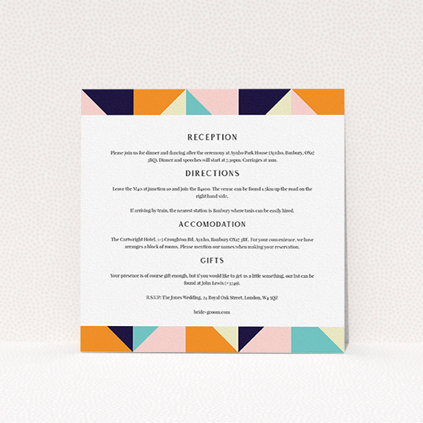A wedding information sheet design titled "Sloane Squares". It is a square (148mm x 148mm) card in a square orientation. "Sloane Squares" is available as a flat card, with tones of white and navy blue.