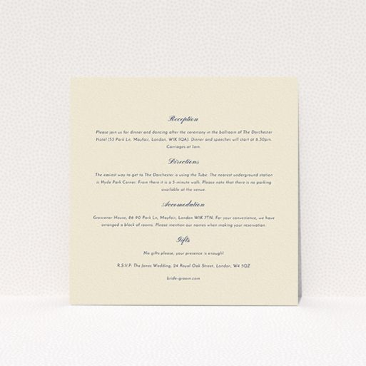 A wedding information sheet design named "Square slant". It is a square (148mm x 148mm) card in a square orientation. "Square slant" is available as a flat card, with mainly cream colouring.