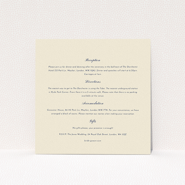 A wedding information sheet design named "Square slant". It is a square (148mm x 148mm) card in a square orientation. "Square slant" is available as a flat card, with mainly cream colouring.