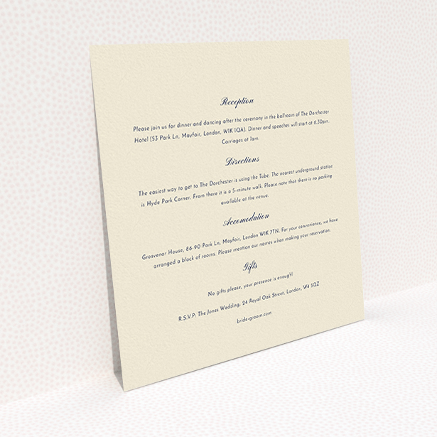 A wedding information sheet design named "Square slant". It is a square (148mm x 148mm) card in a square orientation. "Square slant" is available as a flat card, with mainly cream colouring.