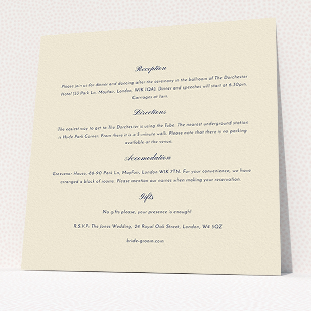 A wedding information sheet design named "Square slant". It is a square (148mm x 148mm) card in a square orientation. "Square slant" is available as a flat card, with mainly cream colouring.