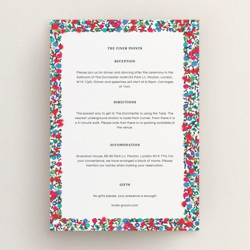 Wedding Information Sheet Design - "Summer from a distance" A wedding information sheet template titled "Summer from a distance". It is an A5 card in a portrait orientation. "Summer from a distance" is available as a flat card, with mainly red colouring.