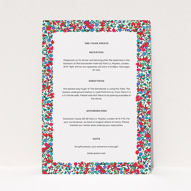 A wedding information sheet template titled "Summer from a distance". It is an A5 card in a portrait orientation. "Summer from a distance" is available as a flat card, with mainly red colouring.