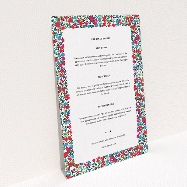 A wedding information sheet template titled "Summer from a distance". It is an A5 card in a portrait orientation. "Summer from a distance" is available as a flat card, with mainly red colouring.