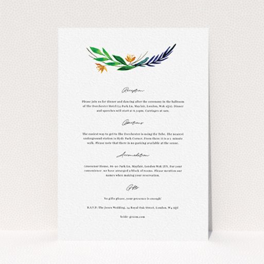 A wedding information sheet called "Summer Whirl Wreath". It is an A6 card in a portrait orientation. "Summer Whirl Wreath" is available as a flat card, with tones of white and green.