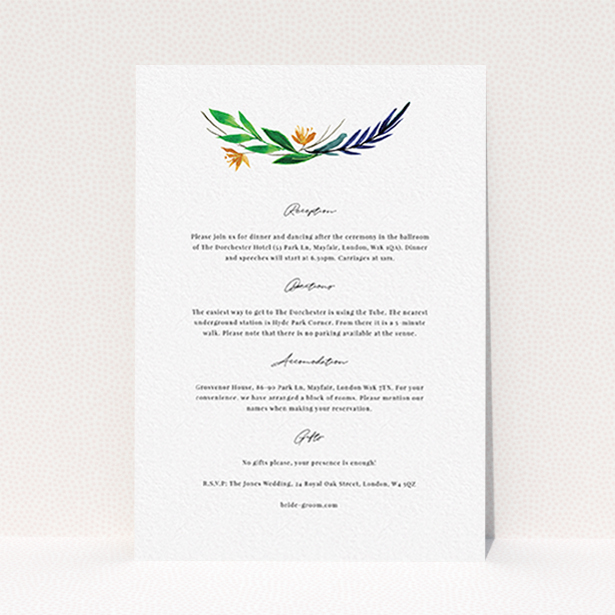 A wedding information sheet called "Summer Whirl Wreath". It is an A6 card in a portrait orientation. "Summer Whirl Wreath" is available as a flat card, with tones of white and green.
