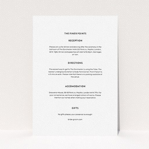 A wedding information sheet called "Surrounded". It is an A6 card in a portrait orientation. "Surrounded" is available as a flat card, with mainly white colouring.