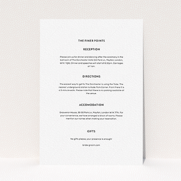 A wedding information sheet called "Surrounded". It is an A6 card in a portrait orientation. "Surrounded" is available as a flat card, with mainly white colouring.