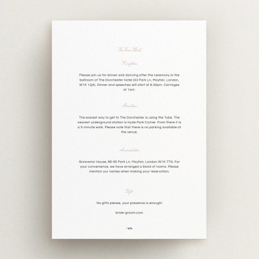 Wedding Information Sheet Design - "Swimming in the garden" A wedding information sheet called "Swimming in the garden". It is an A5 card in a portrait orientation. "Swimming in the garden" is available as a flat card, with mainly white colouring.