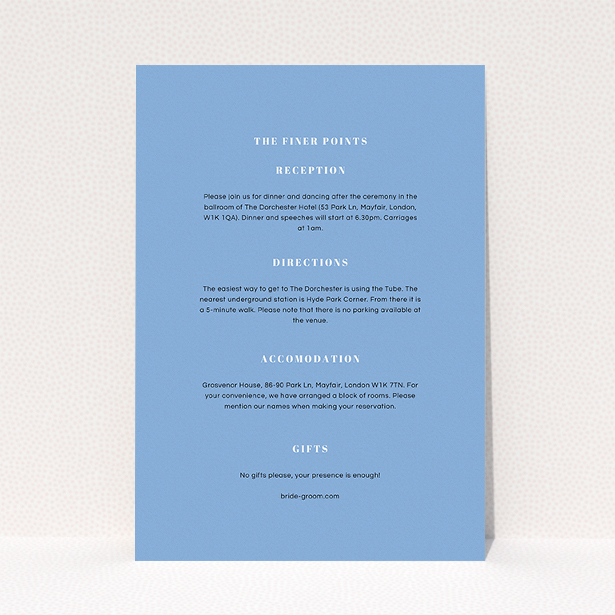 A wedding information sheet named "Take on the sides". It is an A5 card in a portrait orientation. "Take on the sides" is available as a flat card, with mainly light blue colouring.