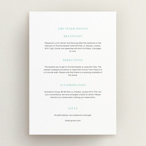 Wedding Information Insert Sheets - Take On The Sides (Green) A wedding information sheet called "Take on the sides". It is an A5 card in a portrait orientation. "Take on the sides" is available as a flat card, with mainly white colouring.