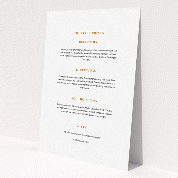 A wedding information sheet design called 'Take on the sides'. It is an A5 card in a portrait orientation. 'Take on the sides' is available as a flat card, with mainly white colouring.