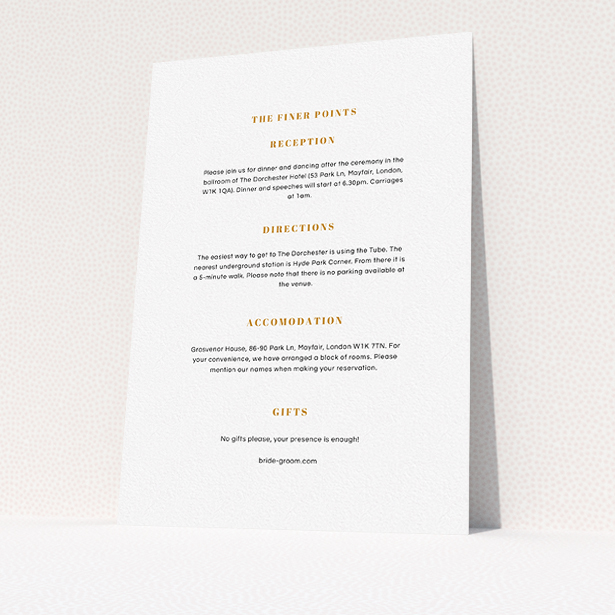 A wedding information sheet design called "Take on the sides". It is an A5 card in a portrait orientation. "Take on the sides" is available as a flat card, with mainly white colouring.
