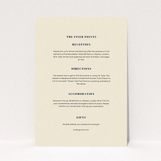 A wedding information sheet design named "Take on the sides". It is an A6 card in a portrait orientation. "Take on the sides" is available as a flat card, with mainly cream colouring.