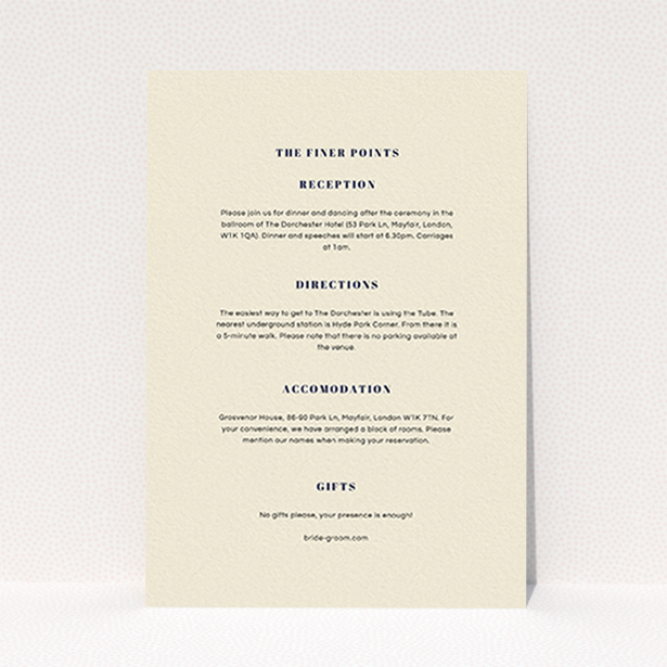 A wedding information sheet design named "Take on the sides". It is an A6 card in a portrait orientation. "Take on the sides" is available as a flat card, with mainly cream colouring.