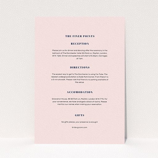 A wedding information sheet design titled "Take on the sides". It is an A6 card in a portrait orientation. "Take on the sides" is available as a flat card, with mainly light pink colouring.