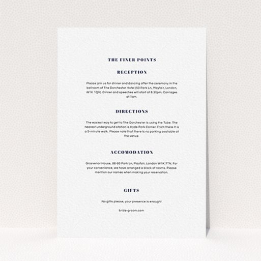 A wedding information sheet called "Take on the sides". It is an A6 card in a portrait orientation. "Take on the sides" is available as a flat card, with mainly white colouring.
