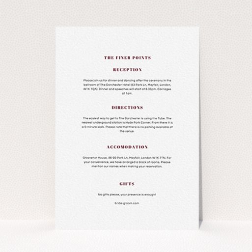 A wedding information sheet design titled "Take on the sides". It is an A6 card in a portrait orientation. "Take on the sides" is available as a flat card, with mainly white colouring.