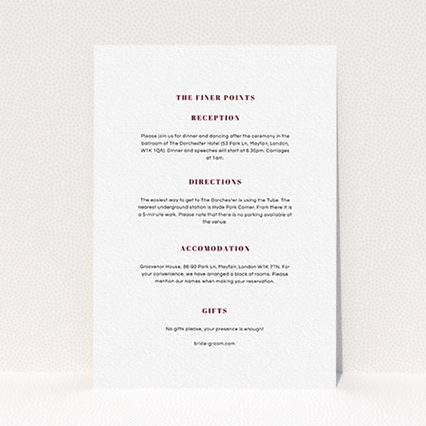 A wedding information sheet design titled "Take on the sides". It is an A6 card in a portrait orientation. "Take on the sides" is available as a flat card, with mainly white colouring.