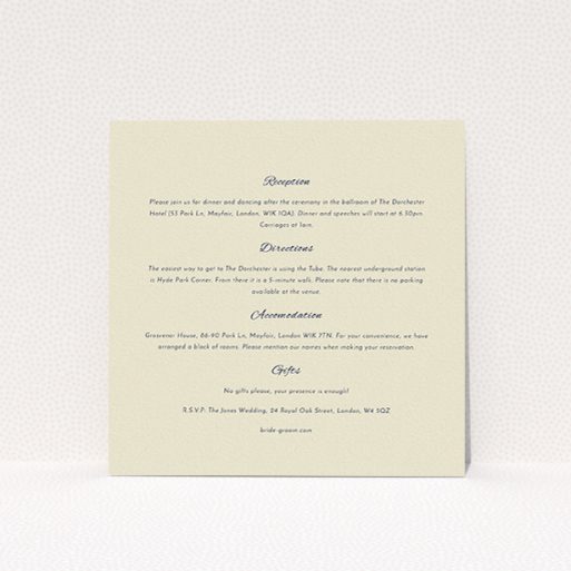 A wedding information sheet design named "Tandem sheet". It is a square (148mm x 148mm) card in a square orientation. "Tandem sheet" is available as a flat card, with mainly cream colouring.