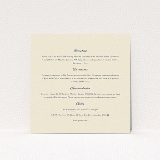 A wedding information sheet named "Tandem sheet". It is a square (148mm x 148mm) card in a square orientation. "Tandem sheet" is available as a flat card, with mainly cream colouring.