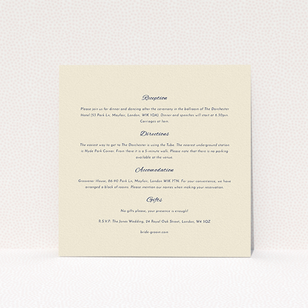 A wedding information sheet named "Tandem sheet". It is a square (148mm x 148mm) card in a square orientation. "Tandem sheet" is available as a flat card, with mainly cream colouring.