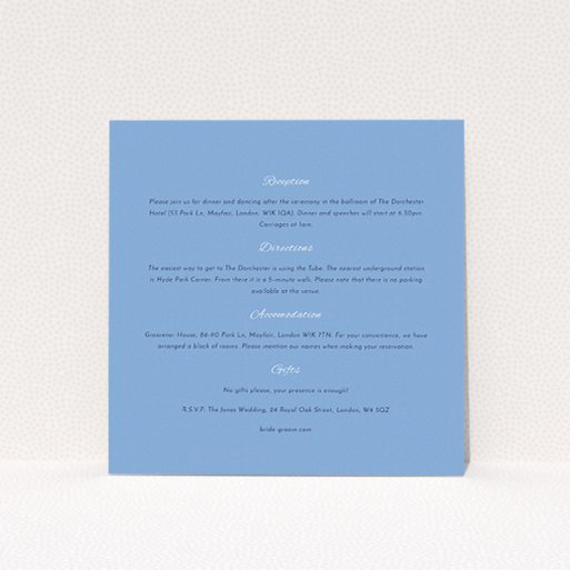 A wedding information sheet called "Tandem sheet". It is a square (148mm x 148mm) card in a square orientation. "Tandem sheet" is available as a flat card, with mainly light blue colouring.