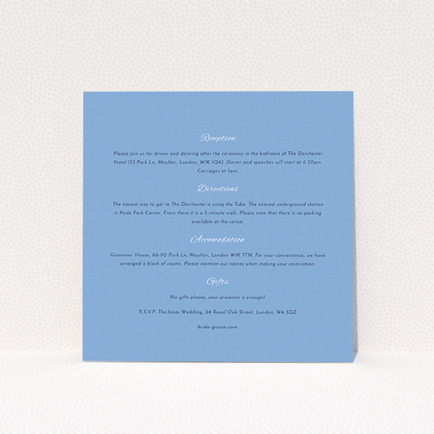 A wedding information sheet called "Tandem sheet". It is a square (148mm x 148mm) card in a square orientation. "Tandem sheet" is available as a flat card, with mainly light blue colouring.