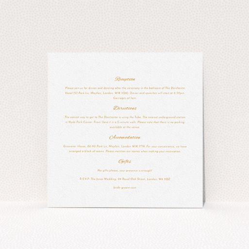 A wedding information sheet template titled "Tandem sheet". It is a square (148mm x 148mm) card in a square orientation. "Tandem sheet" is available as a flat card, with mainly white colouring.