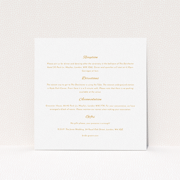 A wedding information sheet template titled "Tandem sheet". It is a square (148mm x 148mm) card in a square orientation. "Tandem sheet" is available as a flat card, with mainly white colouring.