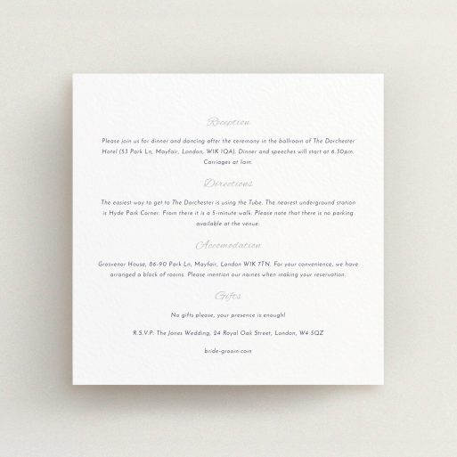 Wedding Information Insert Sheets - Tandem Sheet (Grey) A wedding information sheet called "Tandem sheet". It is a square (148mm x 148mm) card in a square orientation. "Tandem sheet" is available as a flat card, with mainly white colouring.