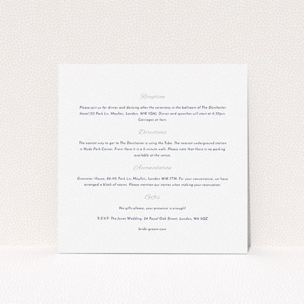 A wedding information sheet called "Tandem sheet". It is a square (148mm x 148mm) card in a square orientation. "Tandem sheet" is available as a flat card, with mainly white colouring.