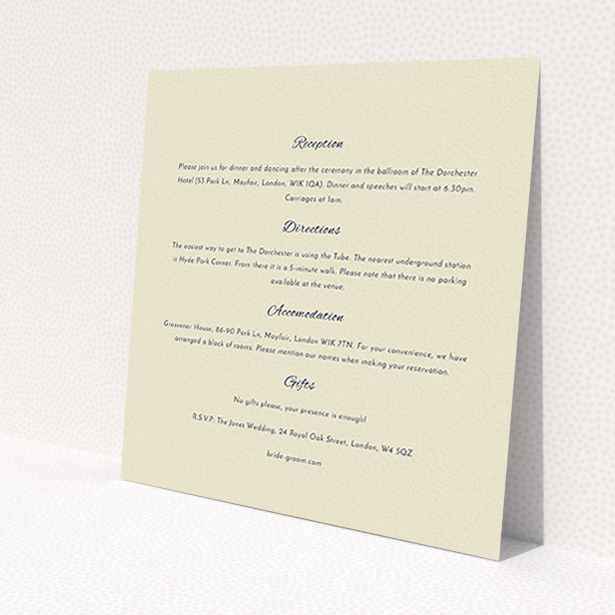 A wedding information sheet design named 'Tandem sheet'. It is a square (148mm x 148mm) card in a square orientation. 'Tandem sheet' is available as a flat card, with mainly cream colouring.