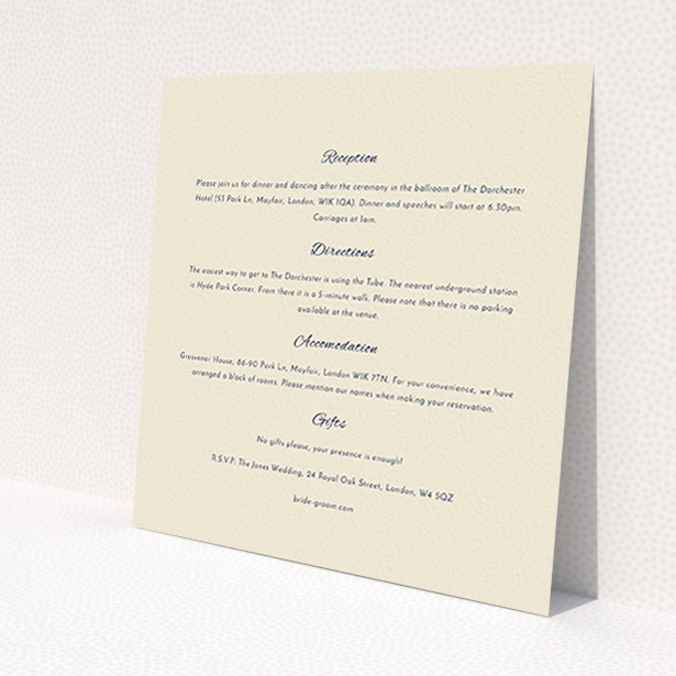A wedding information sheet named 'Tandem sheet'. It is a square (148mm x 148mm) card in a square orientation. 'Tandem sheet' is available as a flat card, with mainly cream colouring.