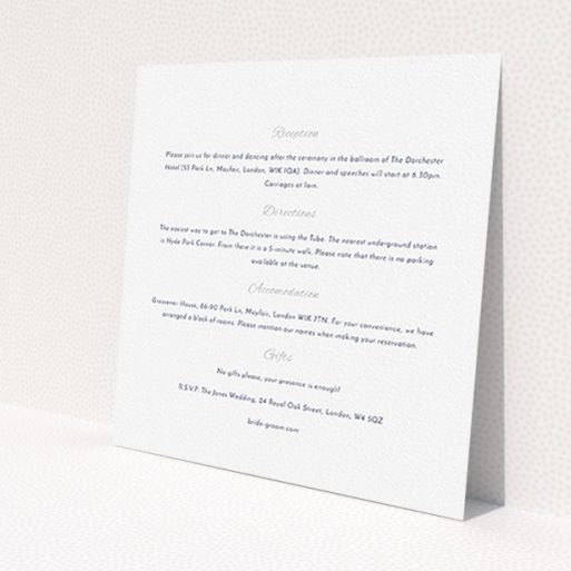 A wedding information sheet called 'Tandem sheet'. It is a square (148mm x 148mm) card in a square orientation. 'Tandem sheet' is available as a flat card, with mainly white colouring.