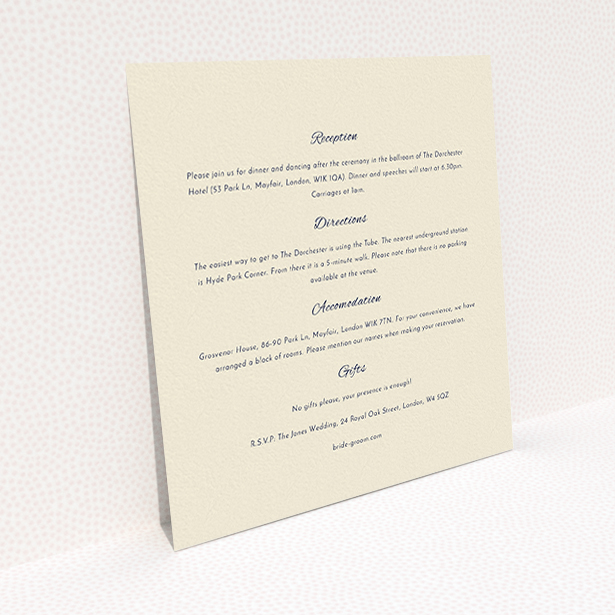 A wedding information sheet named "Tandem sheet". It is a square (148mm x 148mm) card in a square orientation. "Tandem sheet" is available as a flat card, with mainly cream colouring.