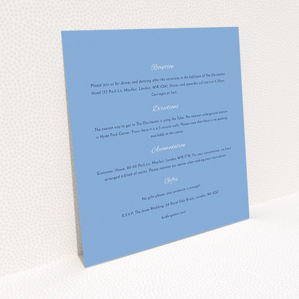 A wedding information sheet called "Tandem sheet". It is a square (148mm x 148mm) card in a square orientation. "Tandem sheet" is available as a flat card, with mainly light blue colouring.