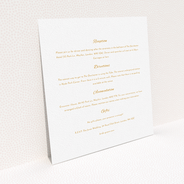 A wedding information sheet template titled "Tandem sheet". It is a square (148mm x 148mm) card in a square orientation. "Tandem sheet" is available as a flat card, with mainly white colouring.