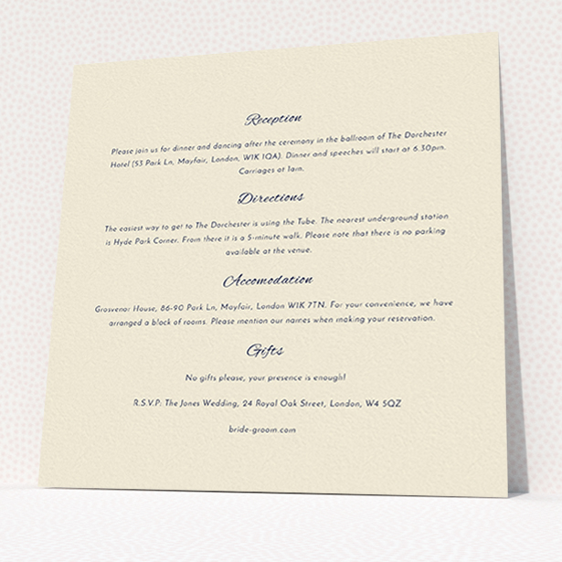 A wedding information sheet named "Tandem sheet". It is a square (148mm x 148mm) card in a square orientation. "Tandem sheet" is available as a flat card, with mainly cream colouring.