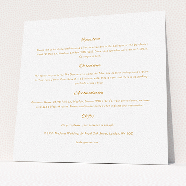 A wedding information sheet template titled "Tandem sheet". It is a square (148mm x 148mm) card in a square orientation. "Tandem sheet" is available as a flat card, with mainly white colouring.