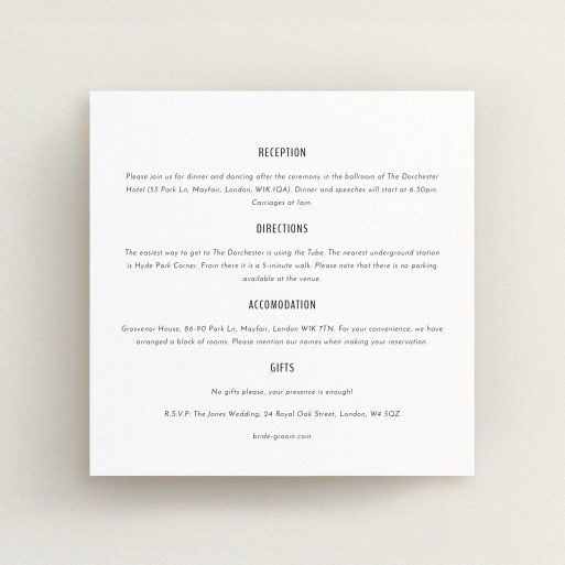 Wedding Information Sheet Design - "Target practice" A wedding information sheet design called "Target practice". It is a square (148mm x 148mm) card in a square orientation. "Target practice" is available as a flat card, with mainly white colouring.