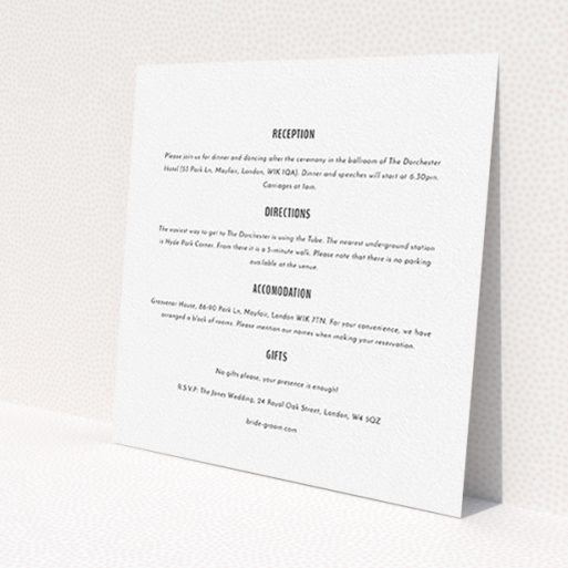 A wedding information sheet design called 'Target practice'. It is a square (148mm x 148mm) card in a square orientation. 'Target practice' is available as a flat card, with mainly white colouring.